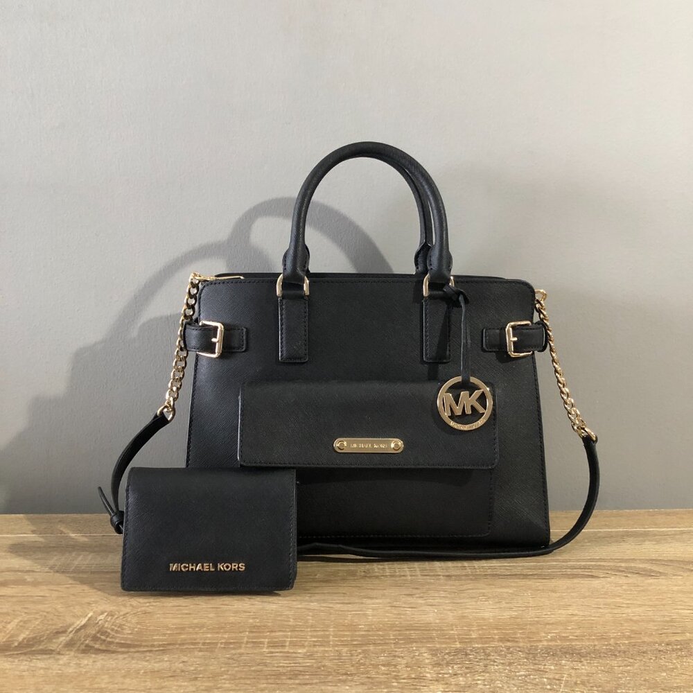 Michael Kors Georgia Black Saffiano Leather Satchel Shoulder Bag with Wallet